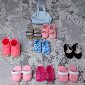 Our Generation Arianna 18 Inch Doll Accessories Lot 8 Pairs Shoes & Blue Handbag